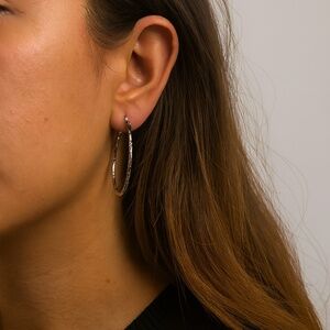 Hoop Earrings Silvertone Black etched twist Hinged pierced 1.75” diameter